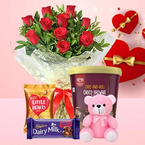 Charming Roses n Kwality Walls Choco Brownie Ice Cream, Delectables n Teddy Combo