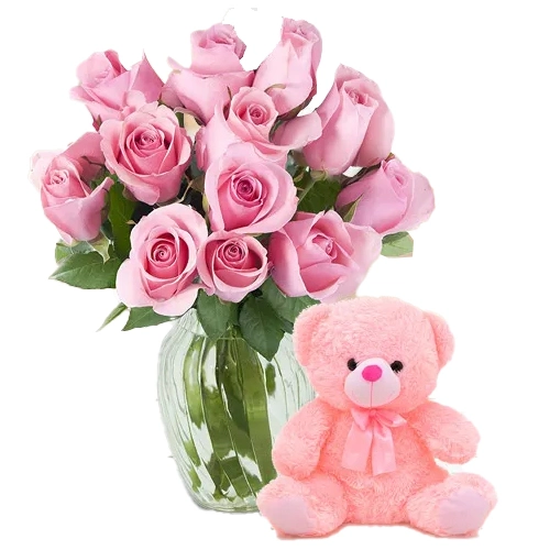 Book Online Pink Roses N Teddy for Lady Love