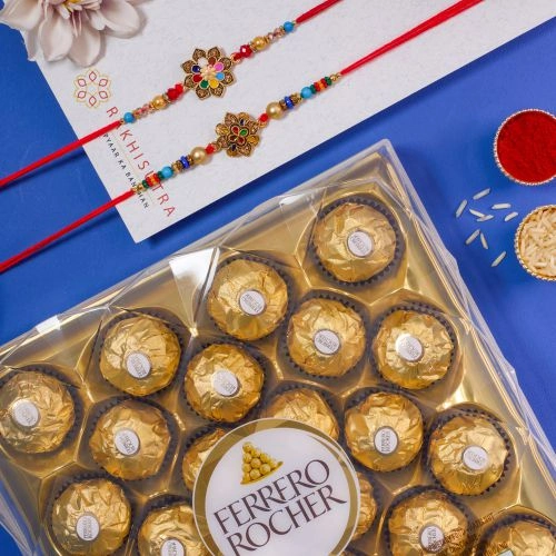 Fancy Floral Kundan Rakhi N Rocher Combo