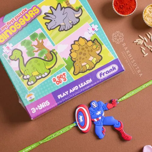 Premium Captain America Rakhi N Dino Puzzle Gift