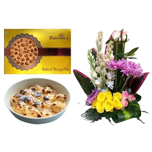 Classic Pair of Baked Rasgulla from Balaram Mullick N Mixed Flower Arrangement