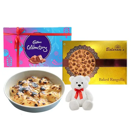 Elegant Pair of Baked Rasgulla from Balaram Mullick with Teddy N Cadbury Celebration