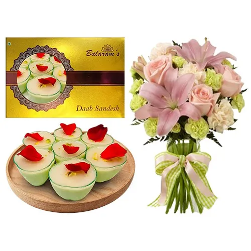 Awesome Pair of Daab Sandesh from Balaram Mullick N Mixed Flowers Bouquet