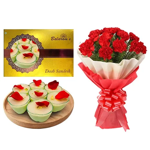 Enticing Daab Sandesh from Balaram Mullick with Red Carnation Bouquet