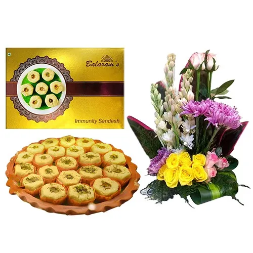 Classic Pair of Immunity Sandesh from Balaram Mullick N Mixed Flower Arrangement