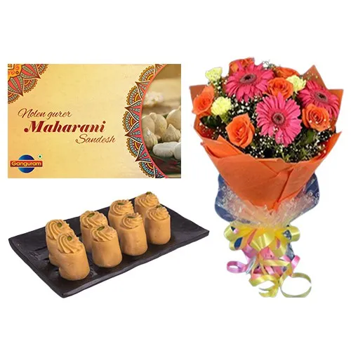 Appealing Nolen Gurer Maharani Sandesh from Ganguram N Seasonal Flower Bouquet Combo