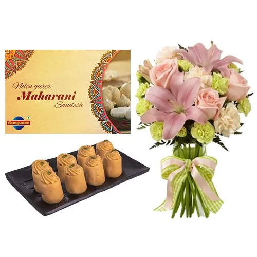 Delectable Nolen Gurer Maharani Sandesh from Ganguram with Mixed Flowers Bouquet