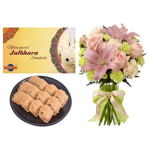 Delectable Nolen Gurer Jalbhara Sandesh from Ganguram with Mixed Flowers Bouquet