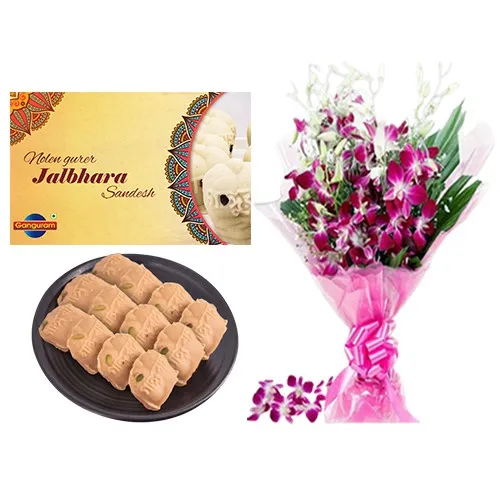 Delicious Nolen Gurer Jalbhara Sandesh from Ganguram with Orchid Bouquet