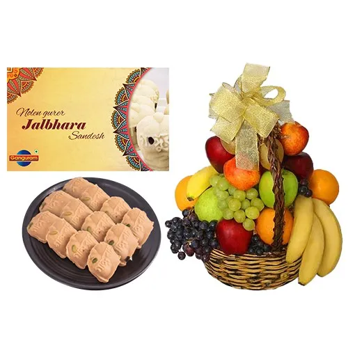 Sumptuous Nolen Gurer Jalbhara Sandesh from Ganguram with Fresh Fruit Basket