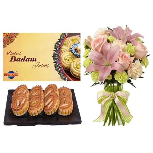 Delicious Baked Badam Jalebi from Ganguram N Mixed Flowers Bouquet Combo