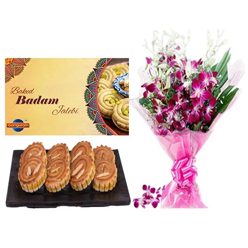 Delightful Baked Badam Jalebi from Ganguram with Orchid Bouquet