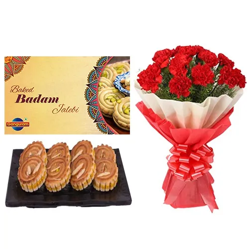 Delightful Combo of Baked Badam Jalebi from Ganguram with Red Carnation Bouquet