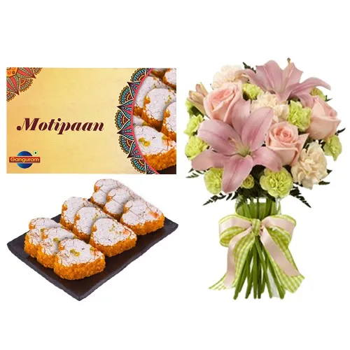 Delectable Motipaan from Ganguram with Mixed Flowers Bouquet