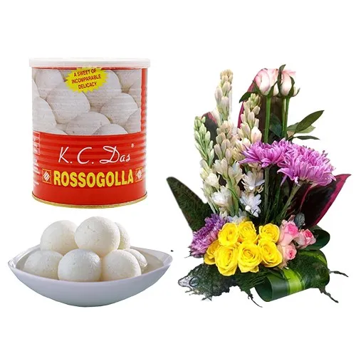 Delightful Combo of Canned Rossogolla from K.C.Das N Mixed Flower Arrangement