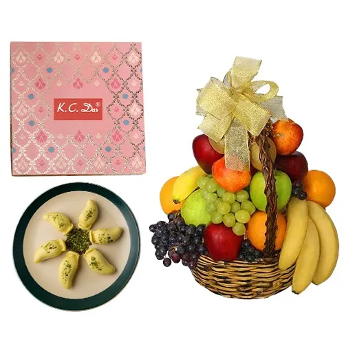 Lavish Pair of Aam Bhora Sondesh from K.C.Das with Fresh Fruit Basket