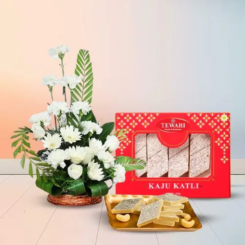 Elegant White Flowers with Kaju Barfi