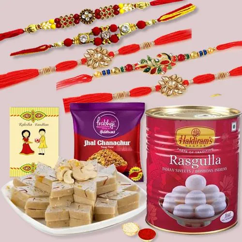 Enticing Hum Paanch Rakhi Set with Sweets n Snacks from Haldiram