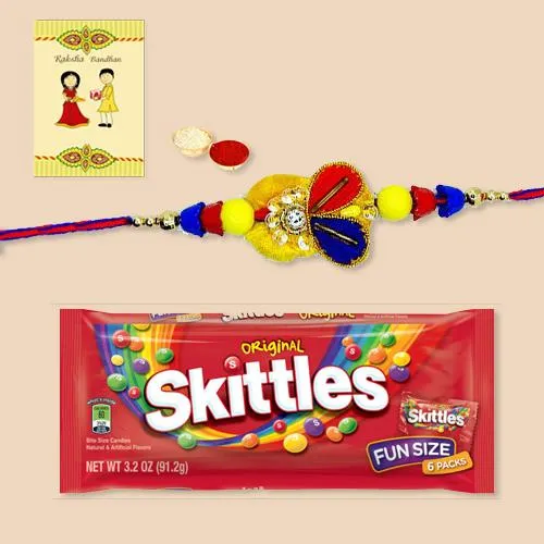 Lovely Rakhi with Skittles Pack, Roli, Chawal N Card