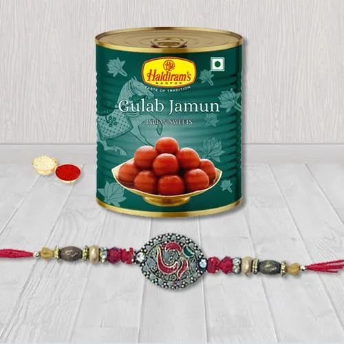 Trendsetting Rakhi with Gulab Jamun n Roli, Chawal n Card