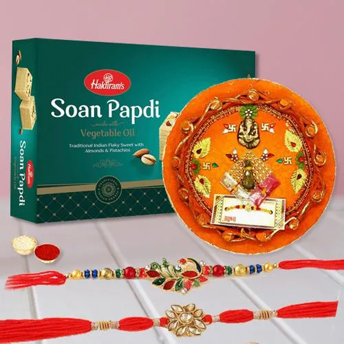 Decorative Thali with Set of 2 Rakhi N Haldiram Soan Papadi